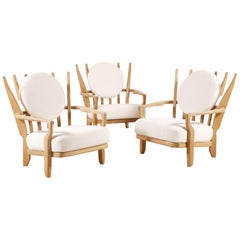 Set of 3 "Juliette" Oak Armchairs by Guillerme and Chambron, 1950s