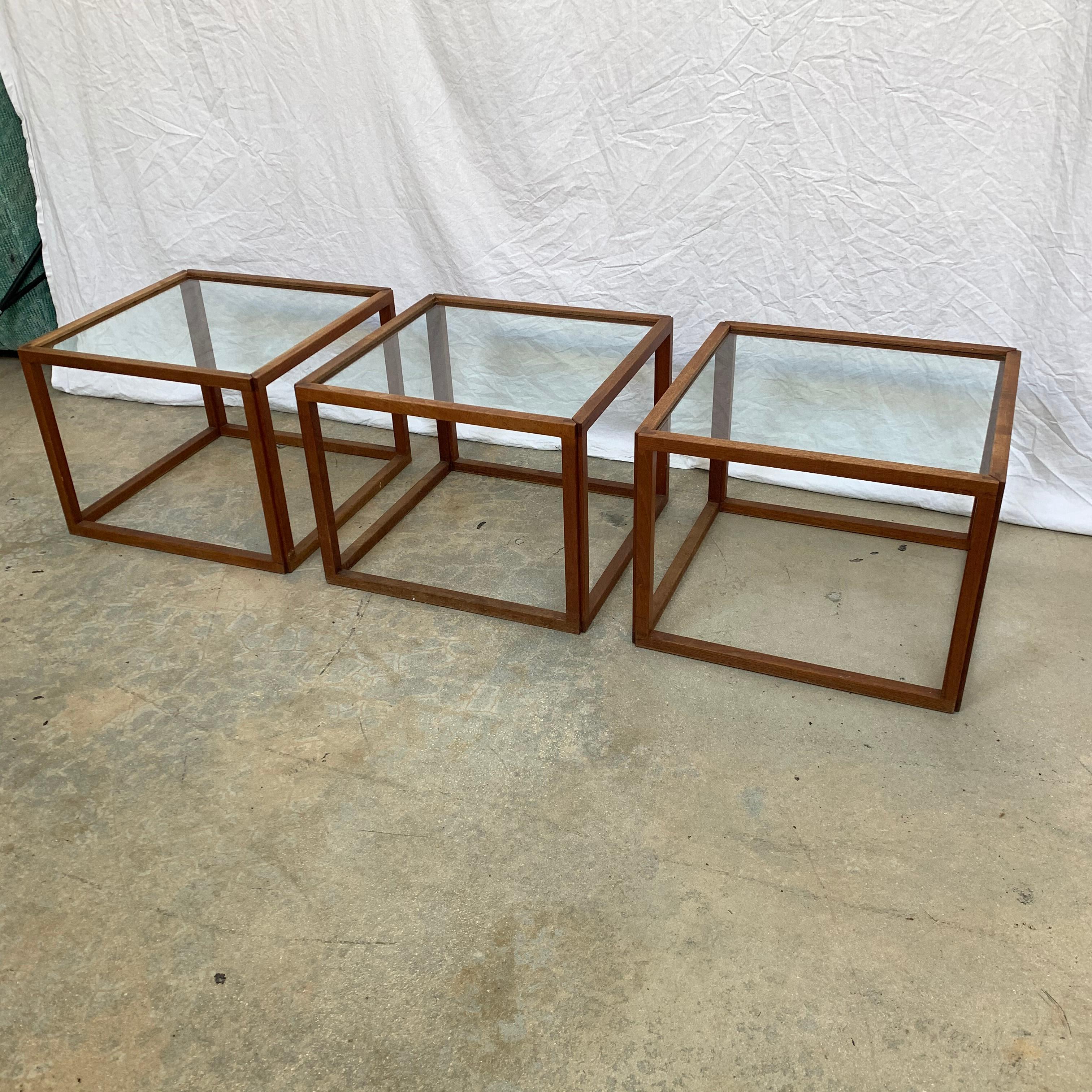 Glass Set of 3 Kai Kristiansen Teak Cube Tables, Denmark, 1950s