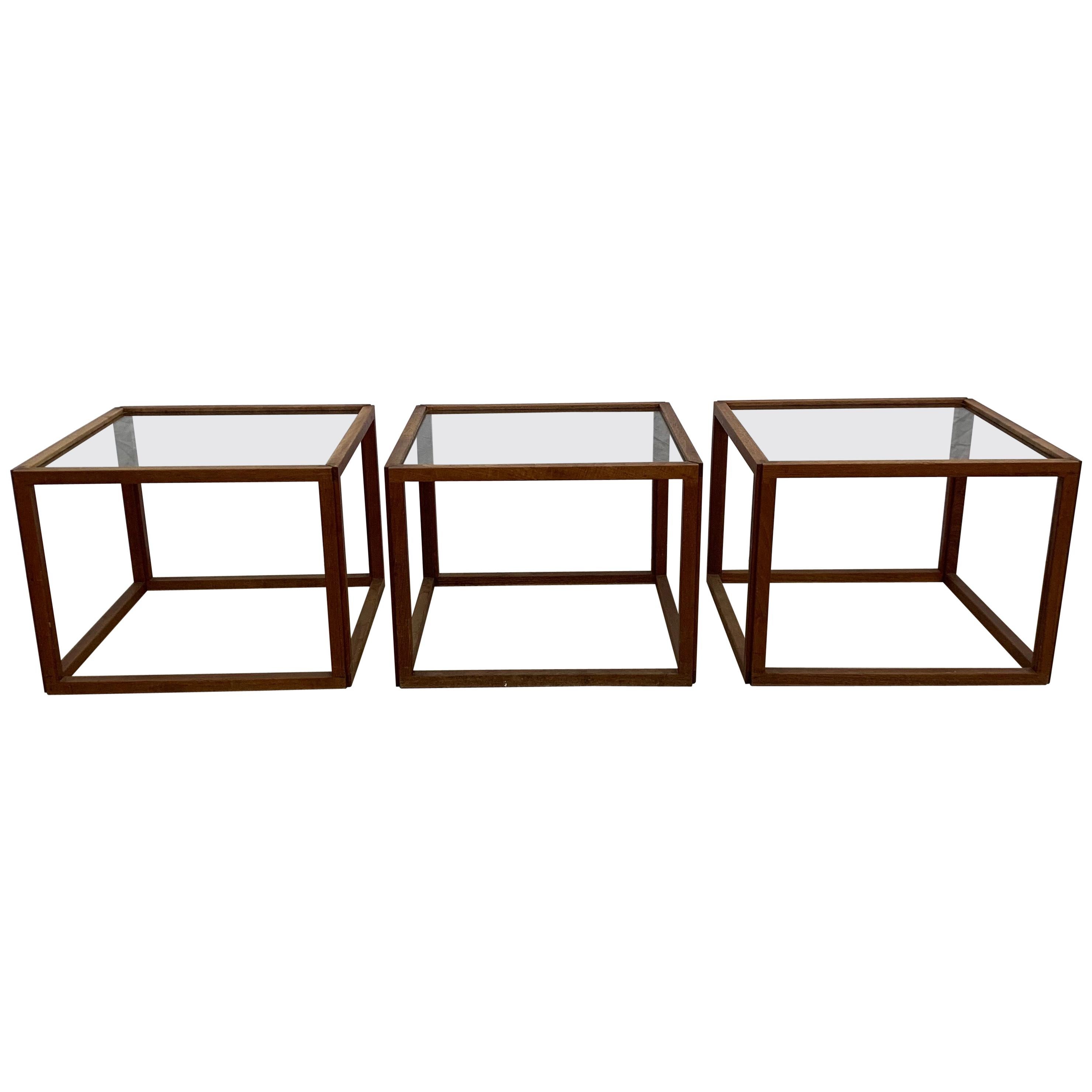 Set of 3 Kai Kristiansen Teak Cube Tables, Denmark, 1950s