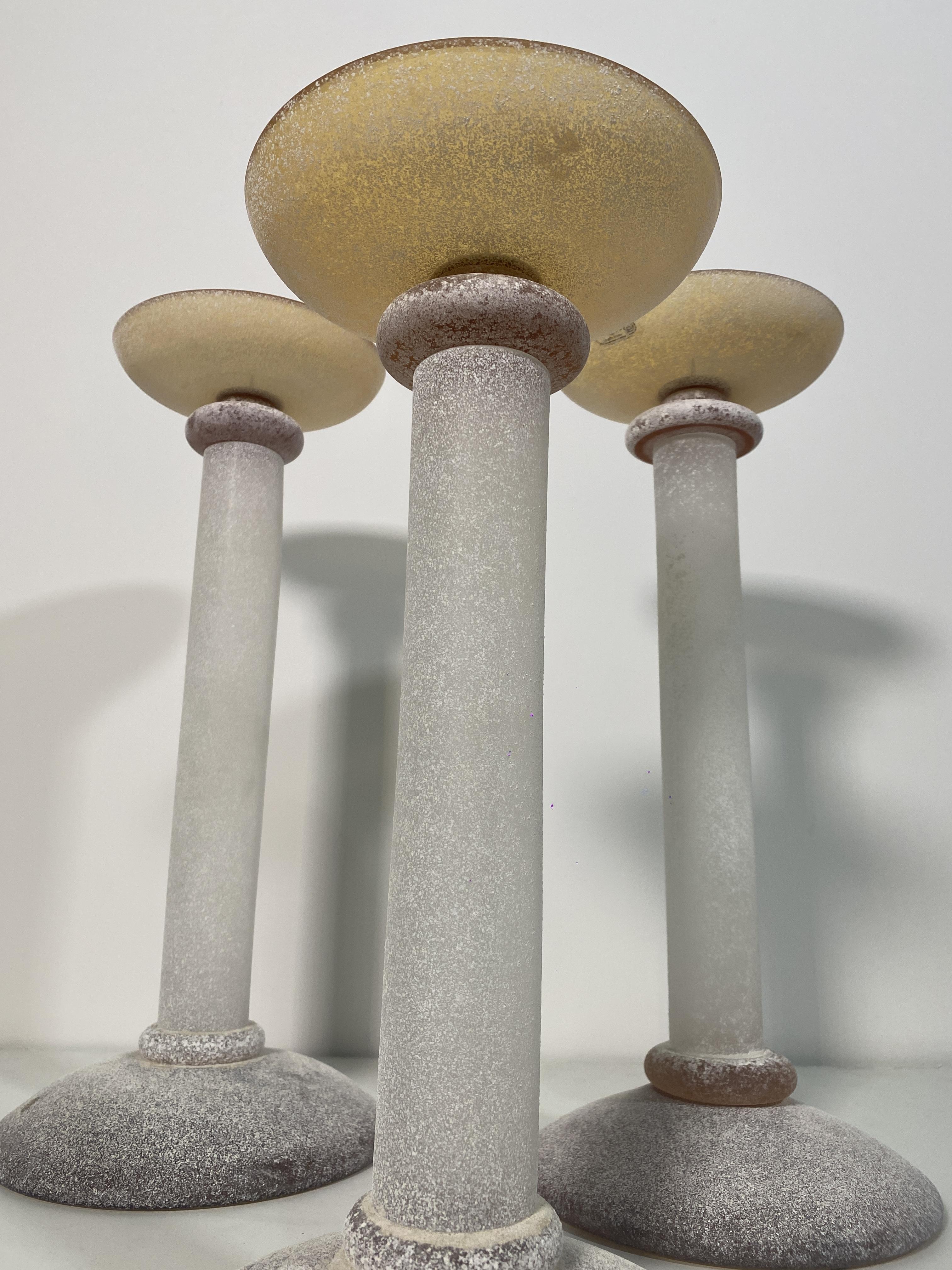 Set of 3 Karl Springer Midcentury Venetian Scavo Glass Candlestick by Seguso For Sale 3