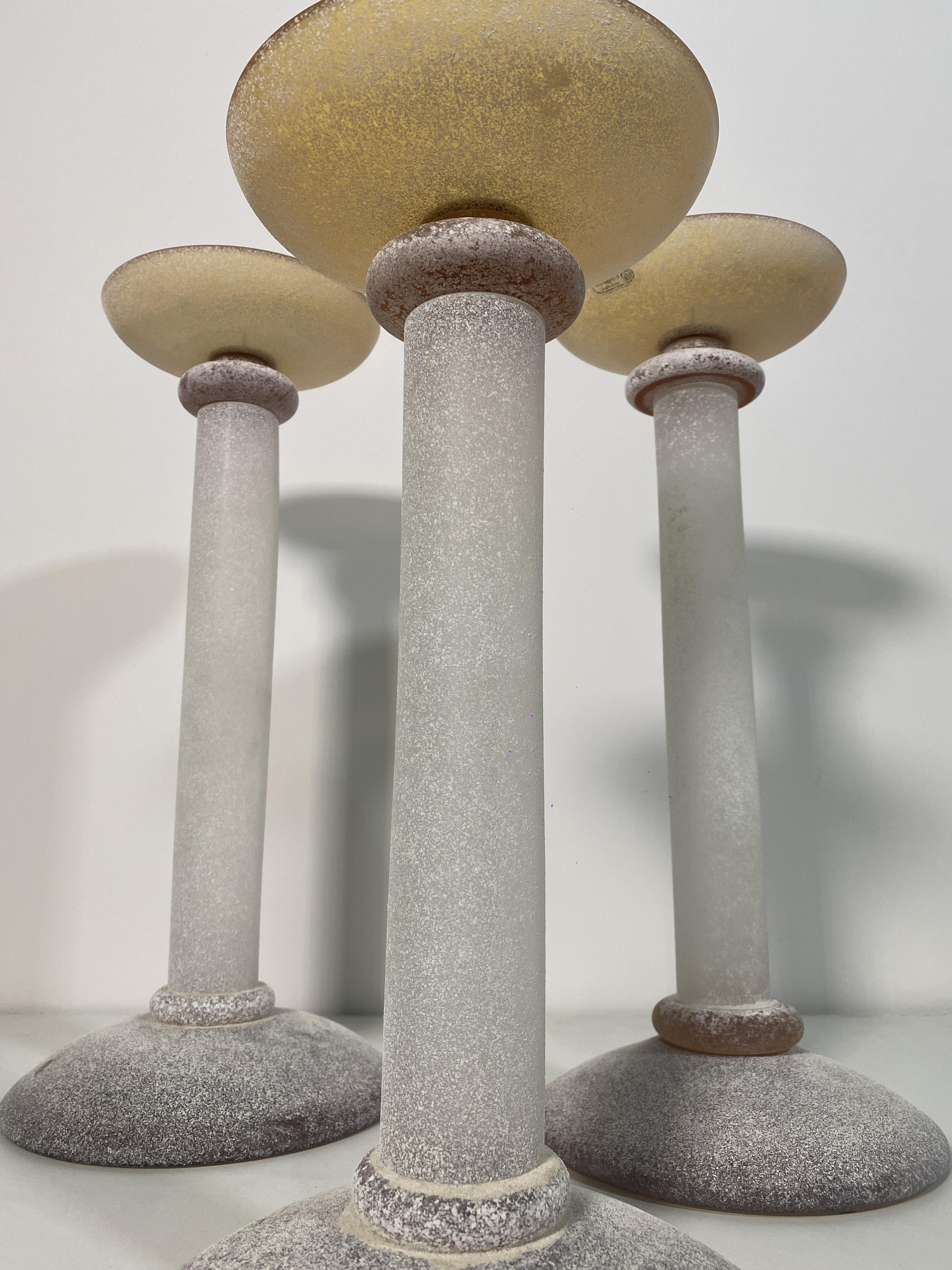 Set of 3 Karl Springer Midcentury Venetian Scavo Glass Candlestick by Seguso For Sale 4