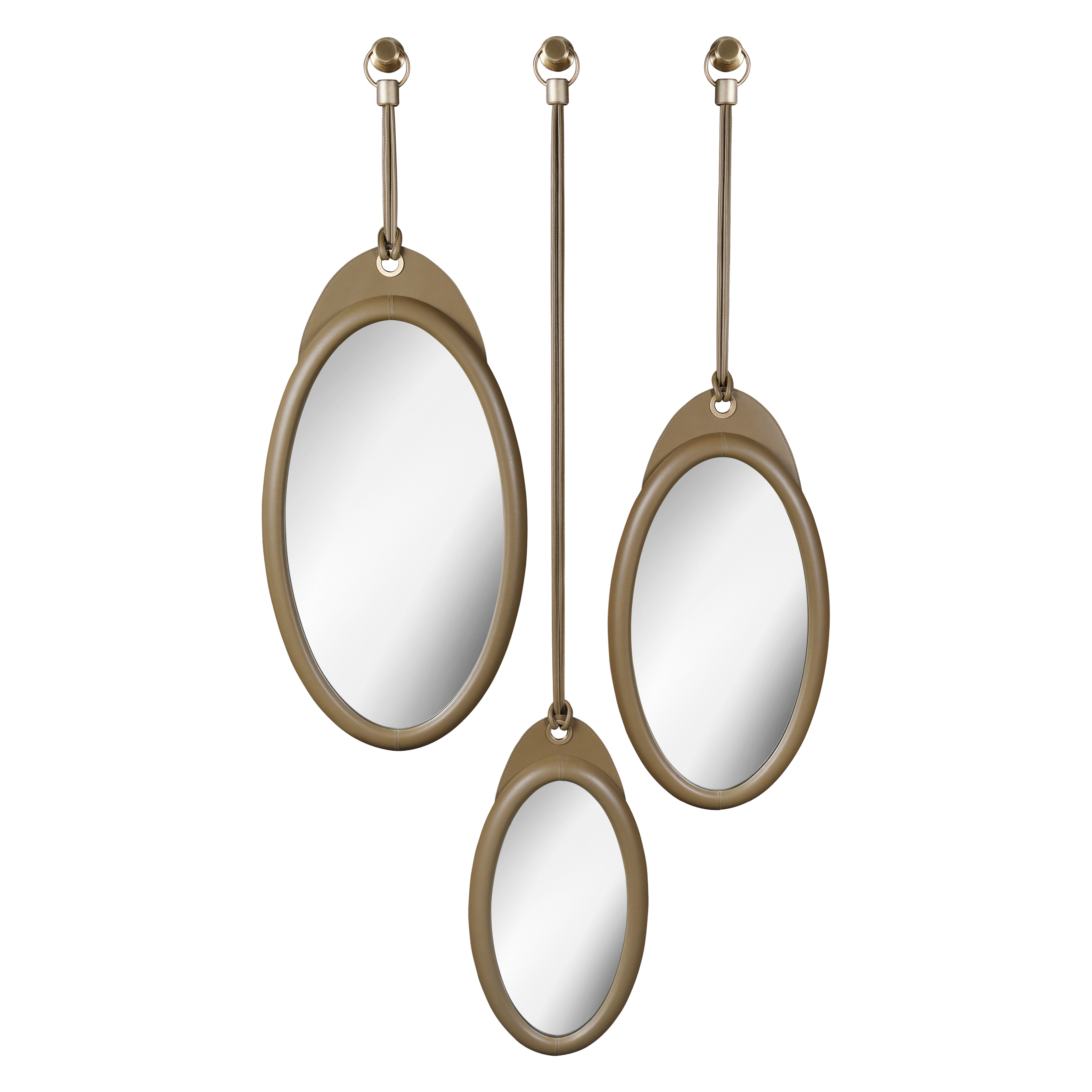 Set of 3 Karlo Oval Mirrors in Leather and Brushed Brass by Madheke For Sale