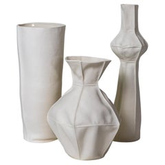 White Ceramic Kawa Vase Set of 3B, Porcelain, Organic Modern Handcrafted Design