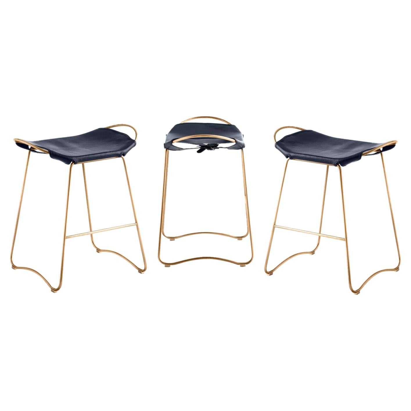 Set of 3 Contemporary Kitchen Counter Bar Stool Aged Brass Metal & Navy Leather For Sale
