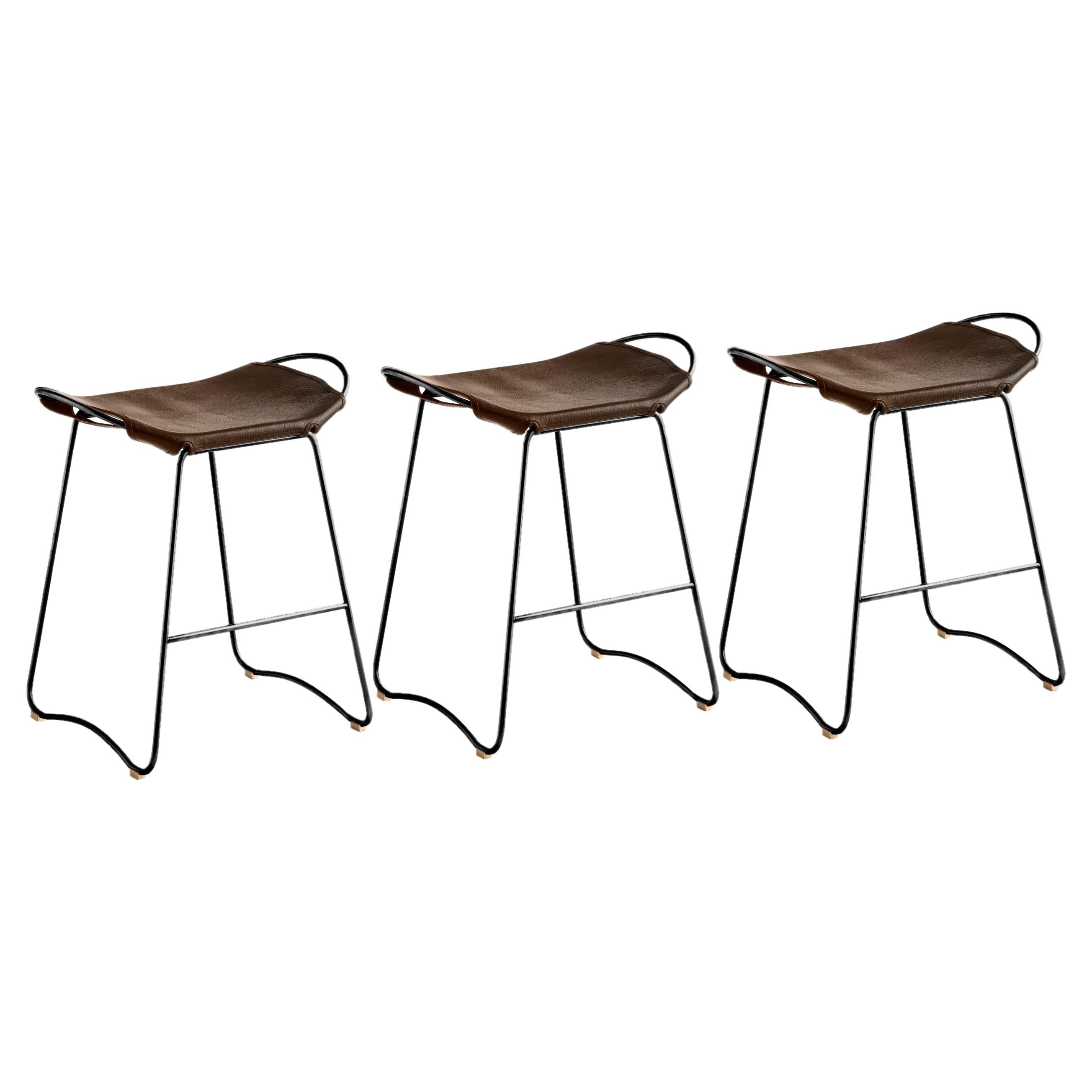 Set of 3 Contemporary Kitchen Counter Bar Stool Black Steel, Dark Brown Leather For Sale