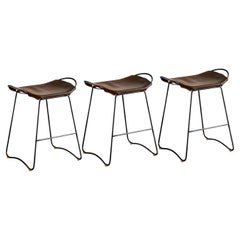 Set of 3 Contemporary Kitchen Counter Bar Stool Black Steel, Dark Brown Leather