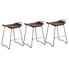 Lot de 3 tabourets de bar de comptoir de cuisine contemporains Acier noir, cuir Brown foncé