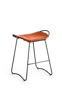 Set of 3 Contemporary Kitchen Counter Bar Stool Black Steel & Natural Leather