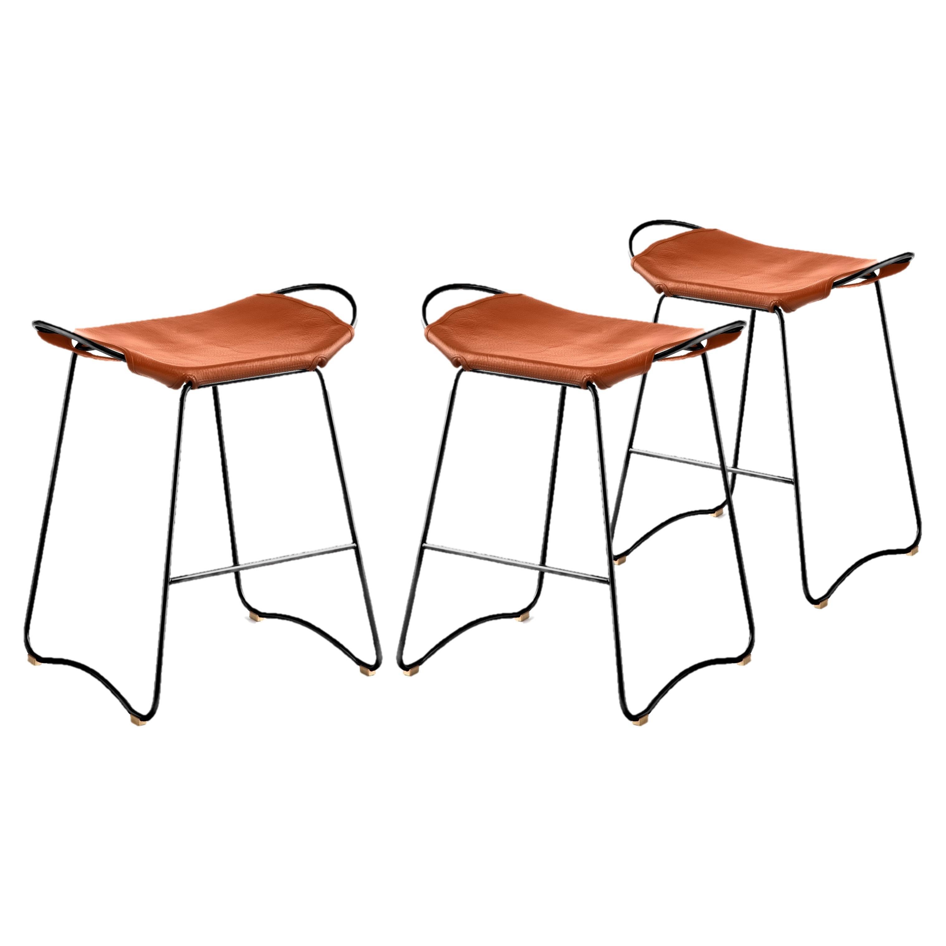 Set of 3 Contemporary Kitchen Counter Bar Stool Black Steel & Natural Leather For Sale