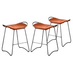 Set of 3 Contemporary Kitchen Counter Bar Stool Black Steel & Natural Leather