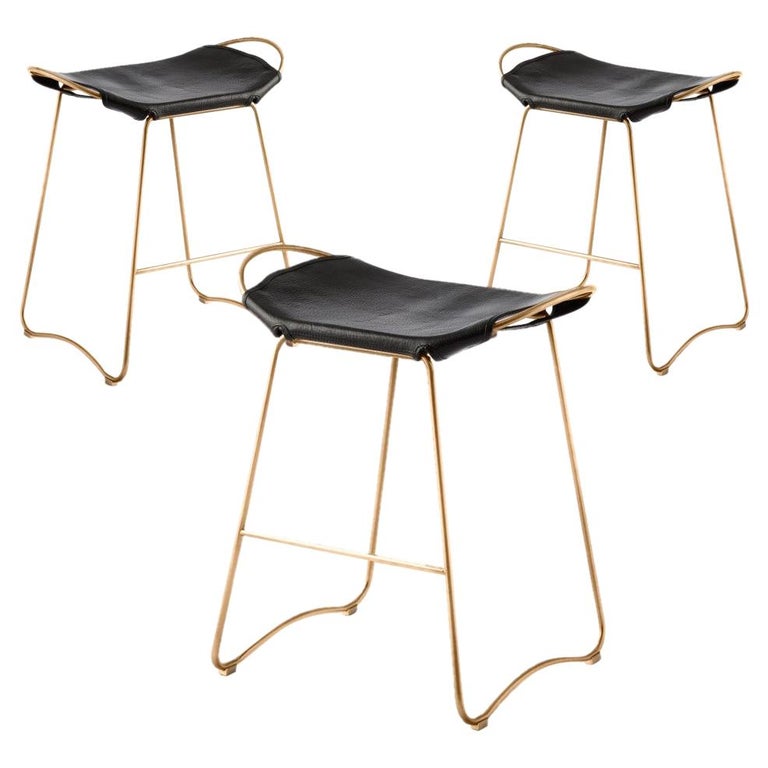 Set of 3 Contemporary Kitchen Counter Bar Stool Brass Metal and Black