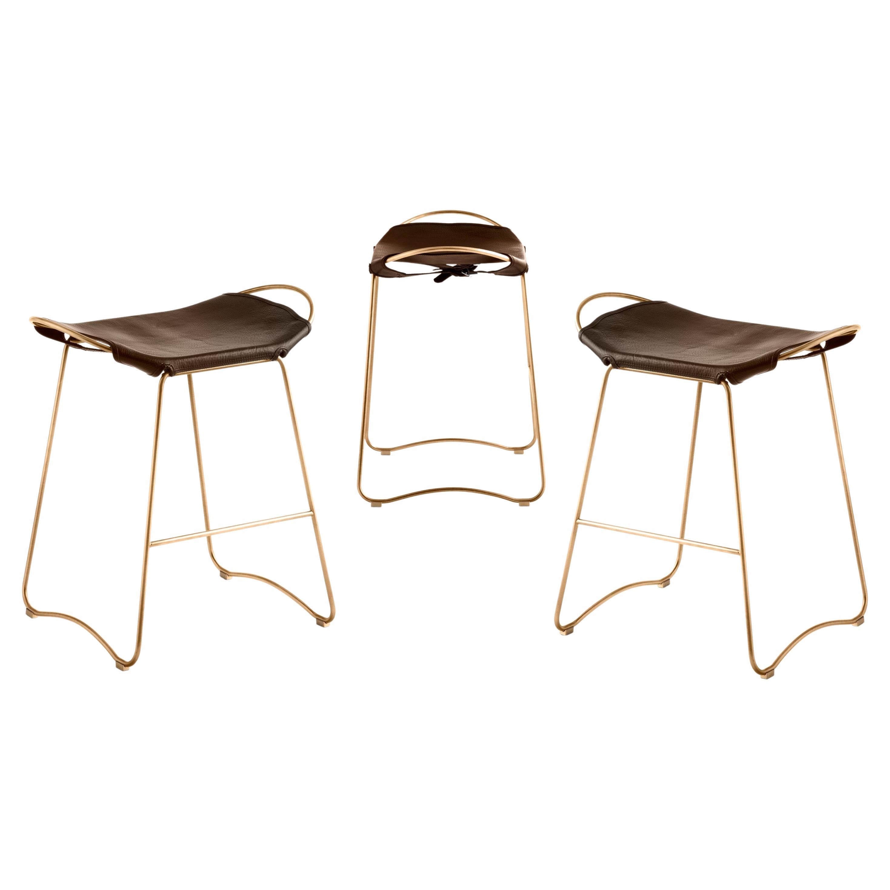 Set of 3 Contemporary Kitchen Counter Bar Stool Brass Metal & Dark Brown Leather