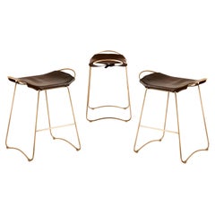 Set of 3 Kitchen Counter Stool Brass Steel Dark Brown Leather Contemporary Style