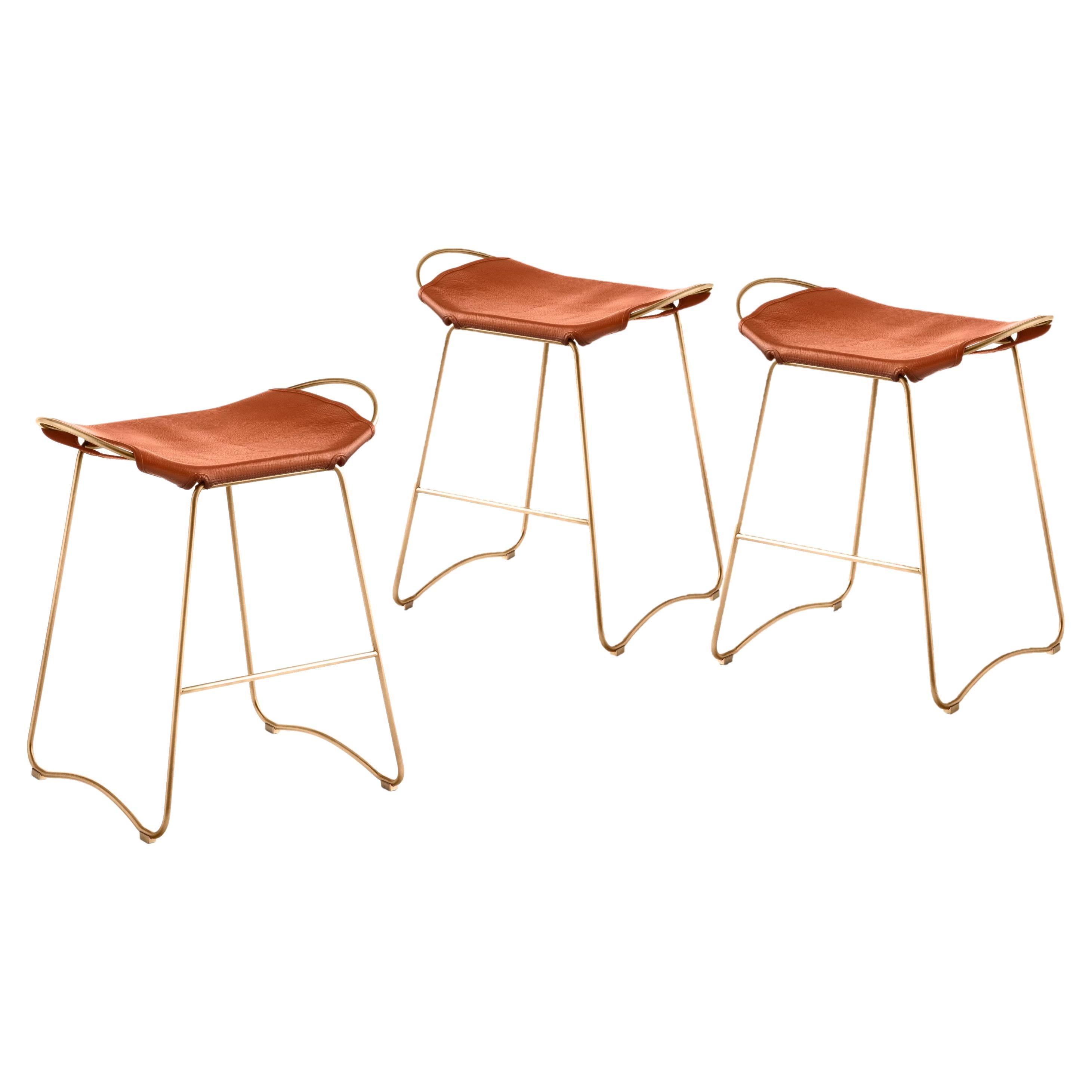 Set of 3 Contemporary Kitchen Counter Barstool Brass Metal & Tobacco Tan Leather For Sale