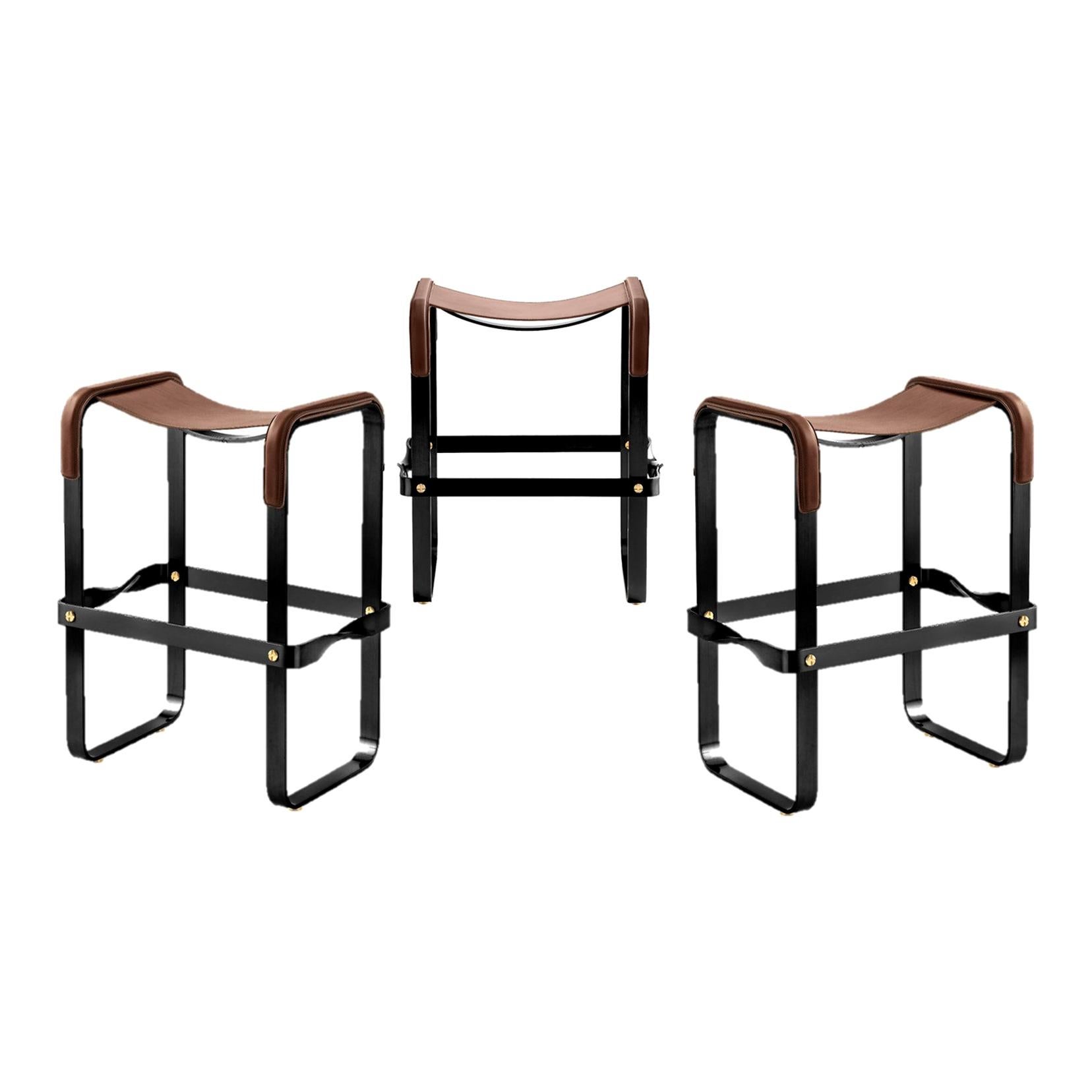 Set of 3 Contemporary Kitchen Counter Bar Stool, Black Metal & Brown Leather For Sale