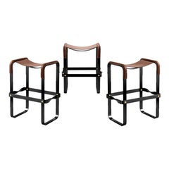 Set of 3 Contemporary Kitchen Counter Bar Stool, Black Metal & Brown Leather