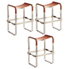 3er Set Contemporary Kitchen Counter Bar Hocker Old Silver Steel Tobacco Leather