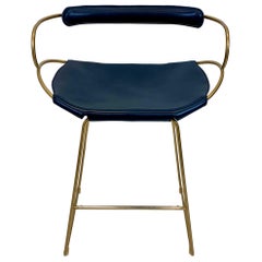 Set of 3 Contemporary Counter Bar Stool w Backrest Brass Steel Navy Blue Leather