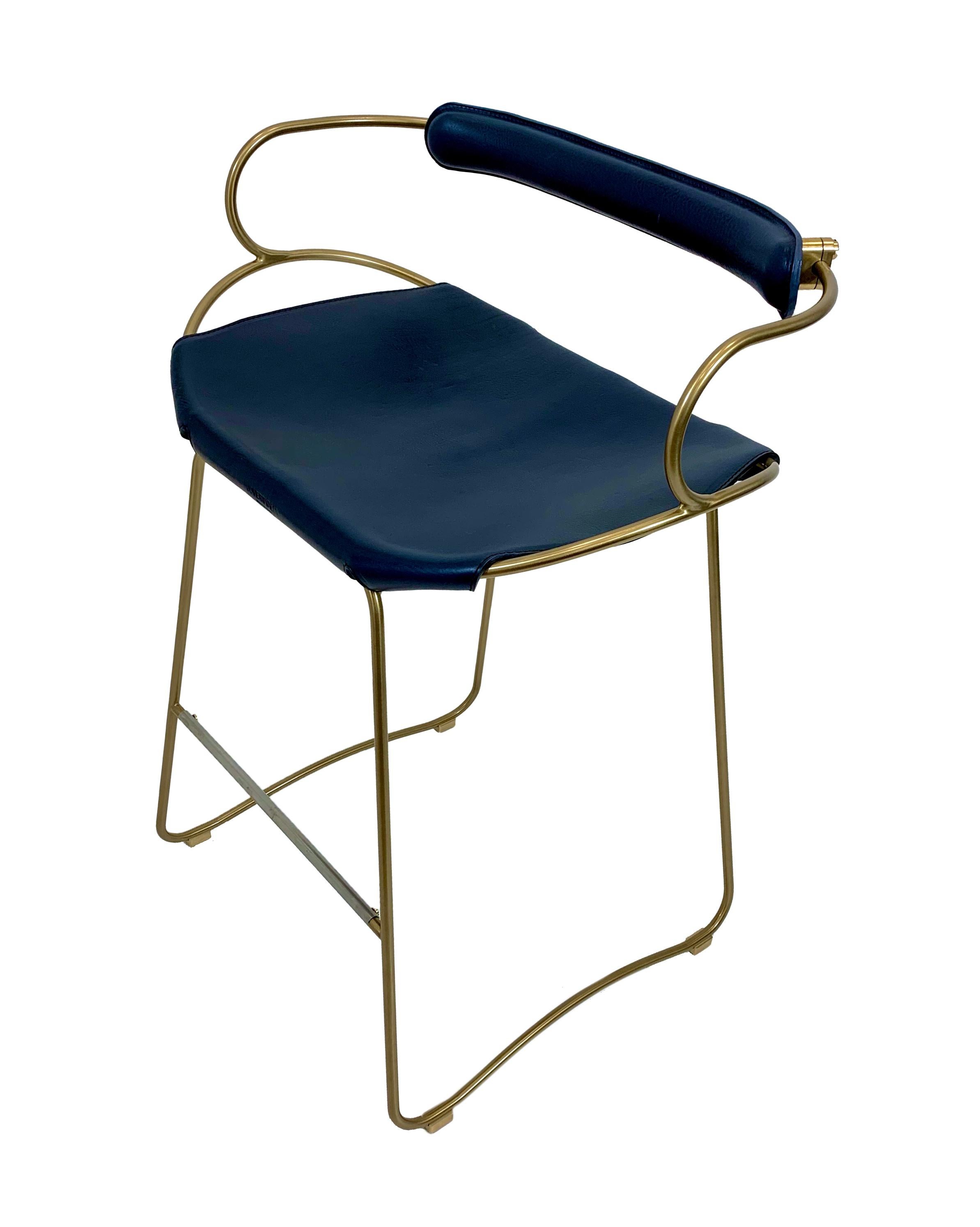 Spanish Set of 3 Contemporary Counter Bar Stool w Backrest Brass Steel Navy Blue Leather For Sale