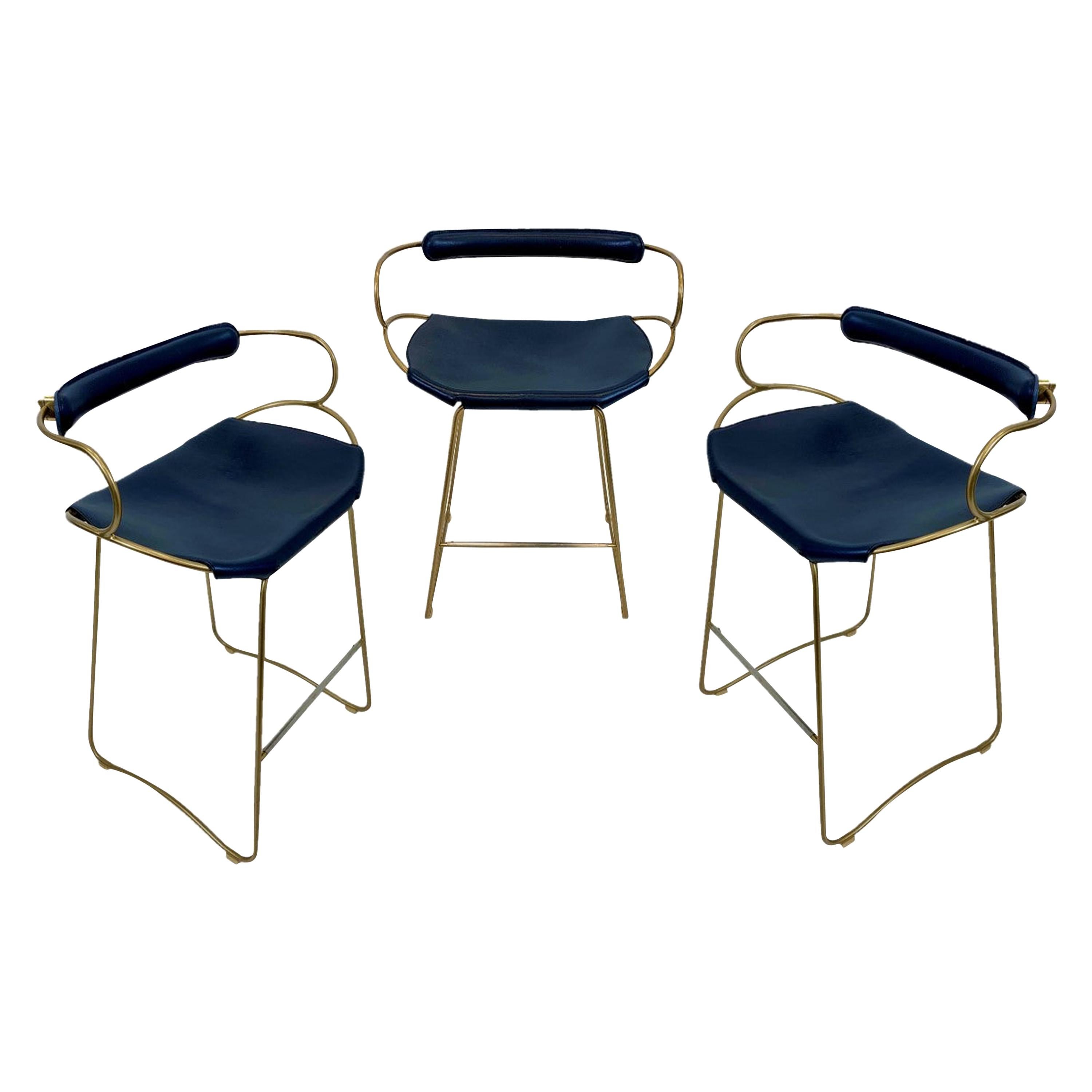 Set of 3 Contemporary Counter Bar Stool w Backrest Brass Steel Navy Blue Leather For Sale