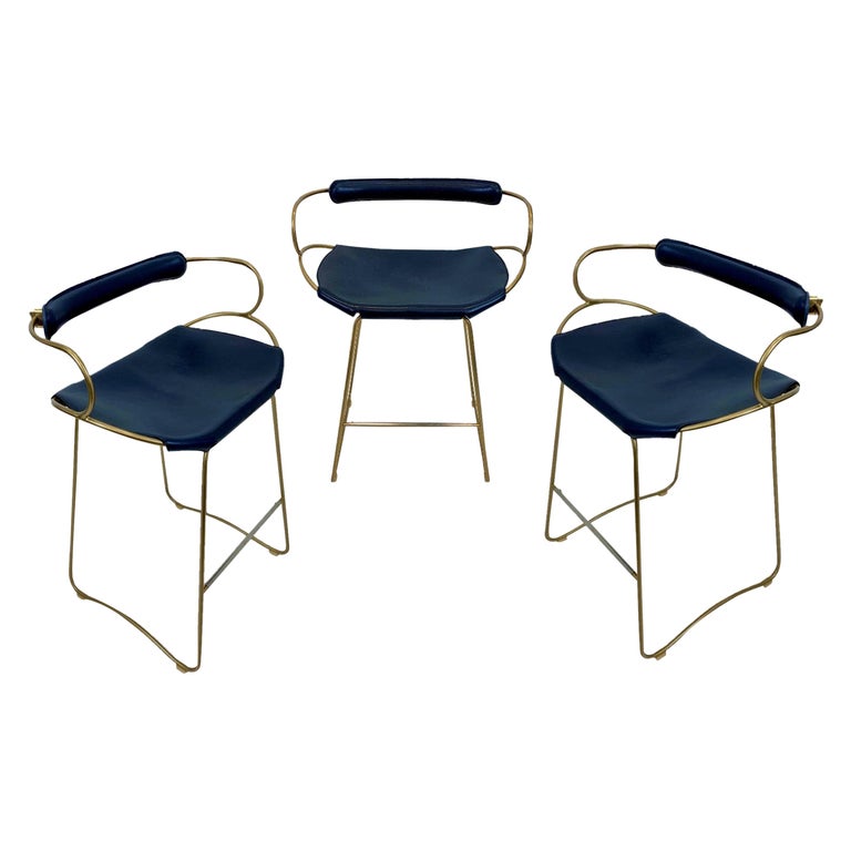 Set of 3 Contemporary Counter Bar Stool w Backrest Brass Steel Navy