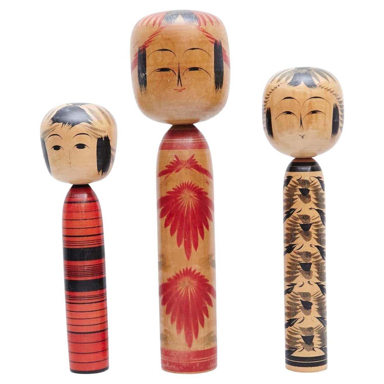Set of 3 MId Century Modern "Kokeshi" Dolls