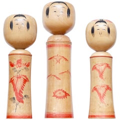 Retro Set of 3 Kokeshi Japanese Wood Hand Painted Doll