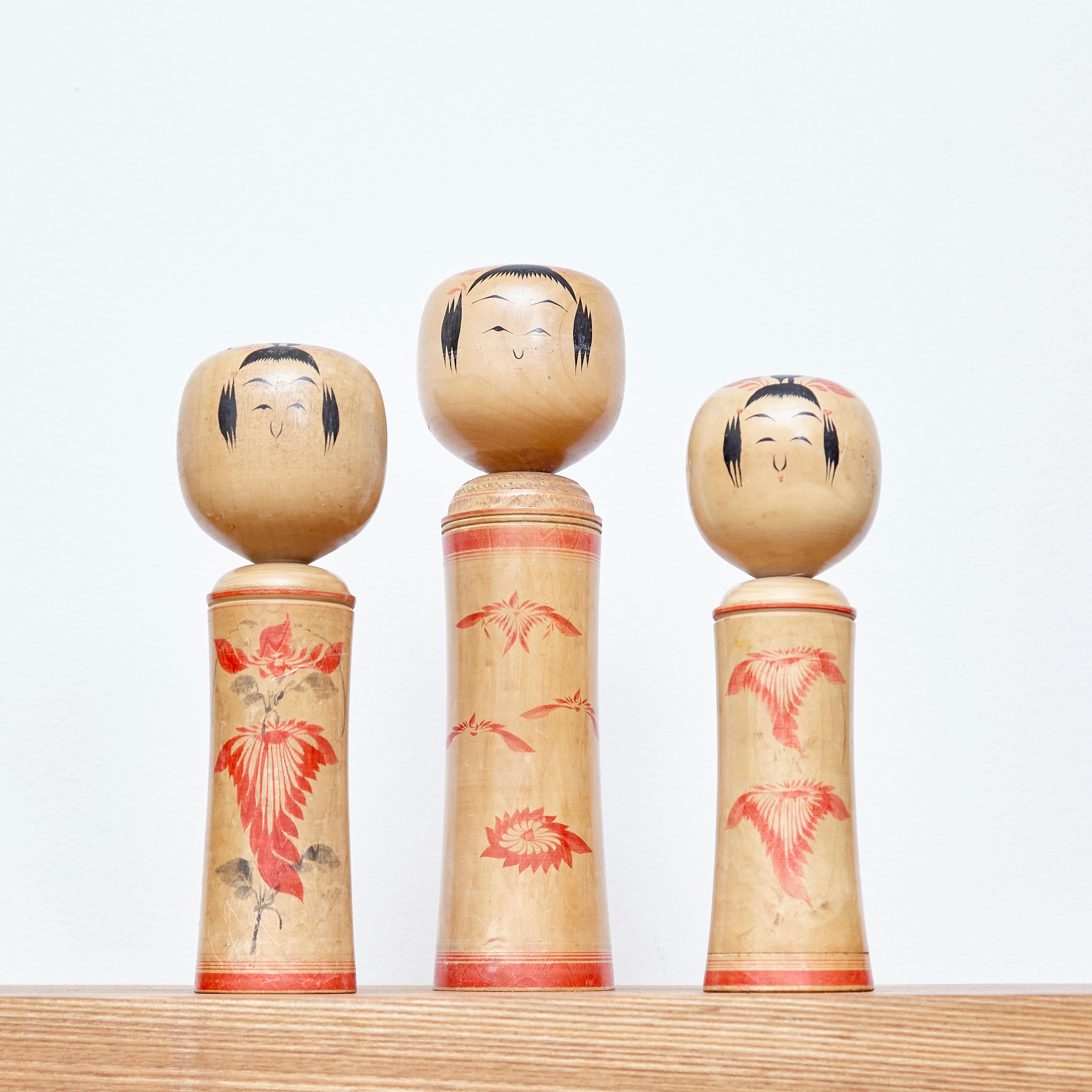 Set of 3 Kokeshi Japanese Wood Hand Painted Doll 6