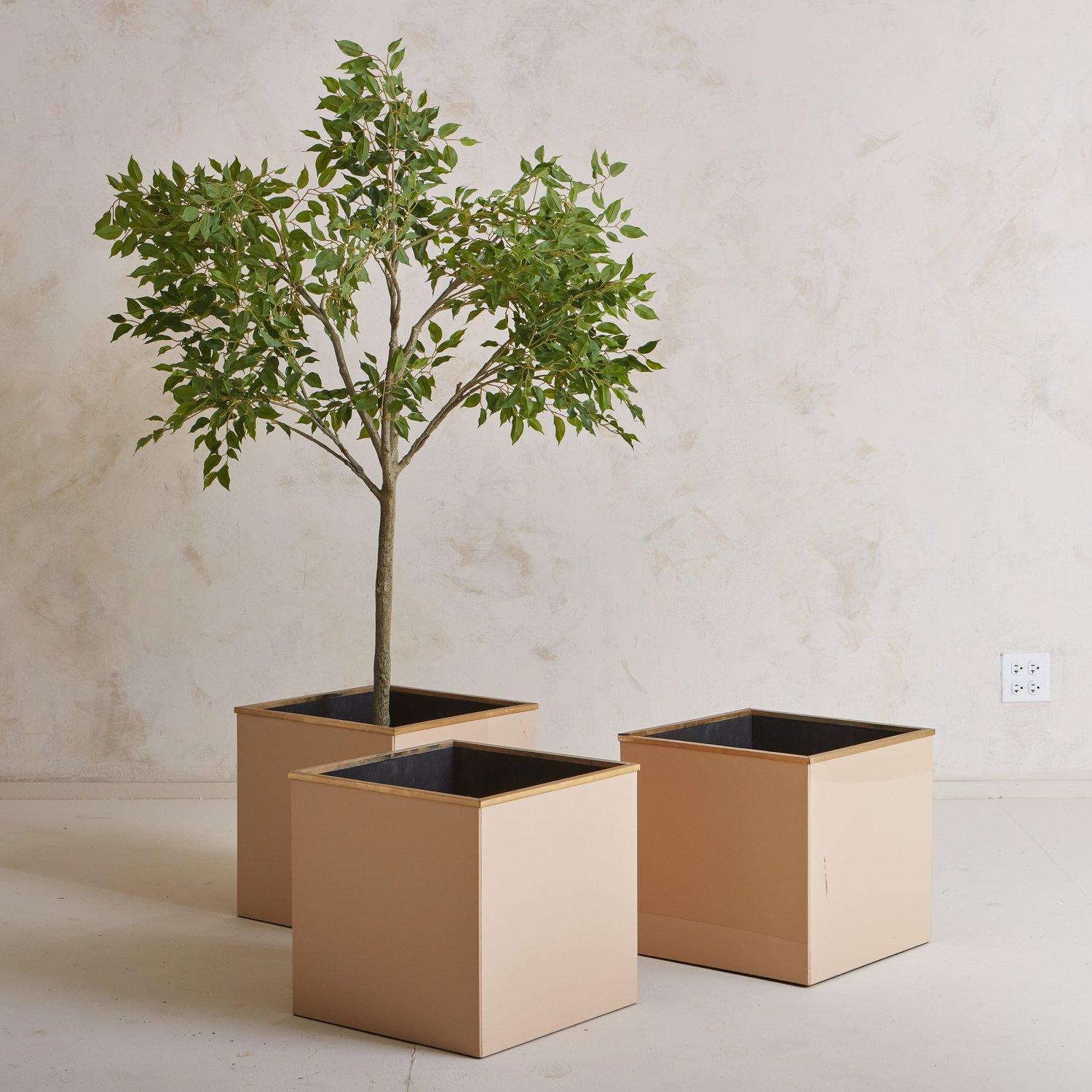 A set of 3 vintage cube planters featuring a cream lacquer finish and a beautiful brass trim. These elegant planters are versatile and blend with a range of design genres. Sourced in France, 1970s.
