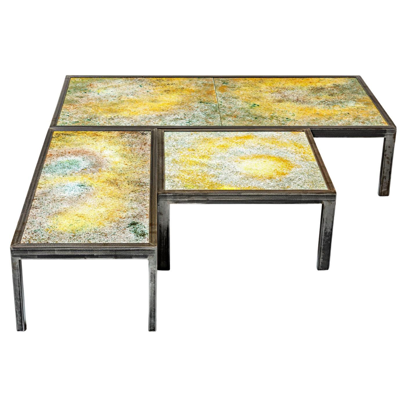 Set of 3 Large 20th Century Colored Ceramic Low Tables by Bernard Buffat 1970 For Sale