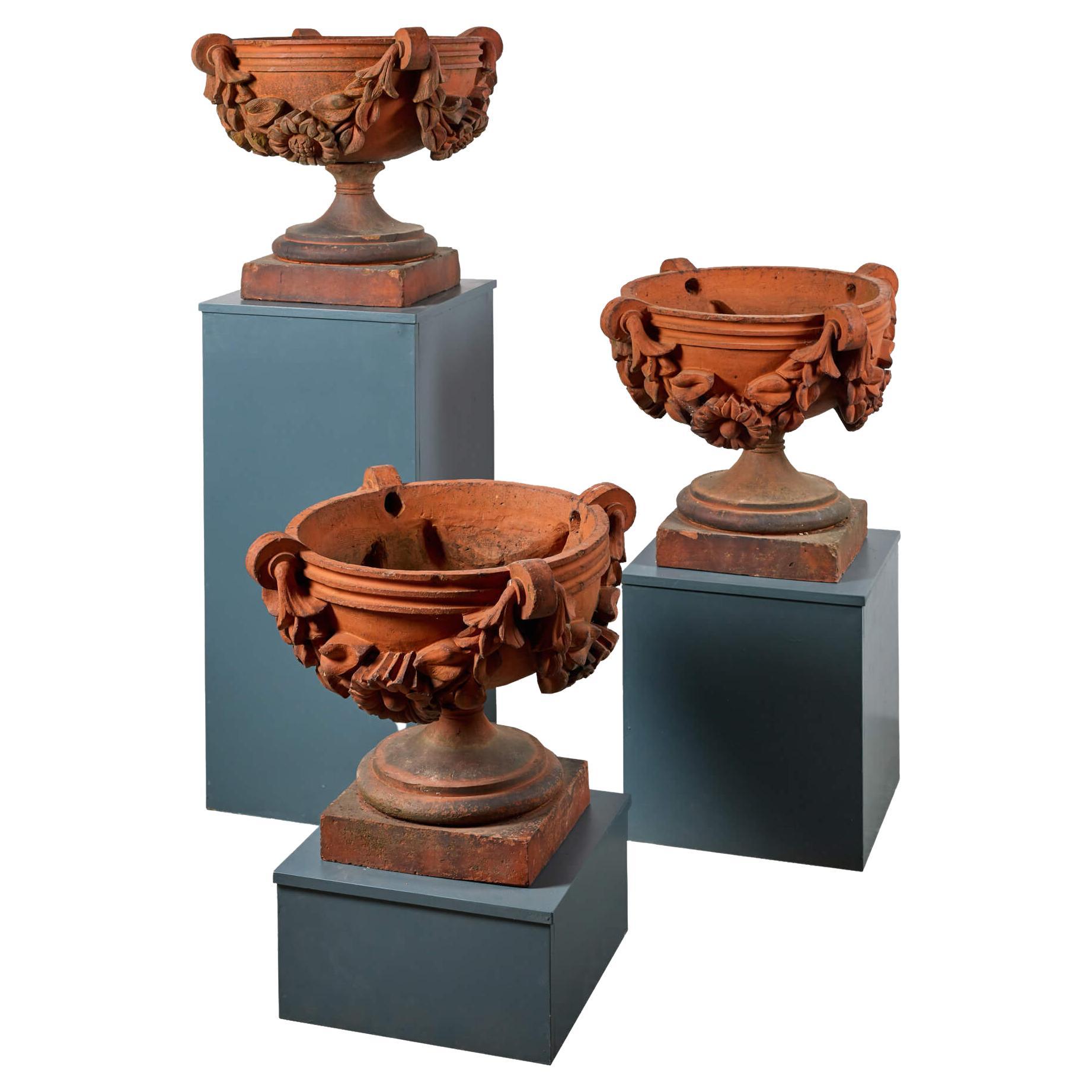 Set of 3 Large Antique Red Terracotta Garden Jardinieres For Sale