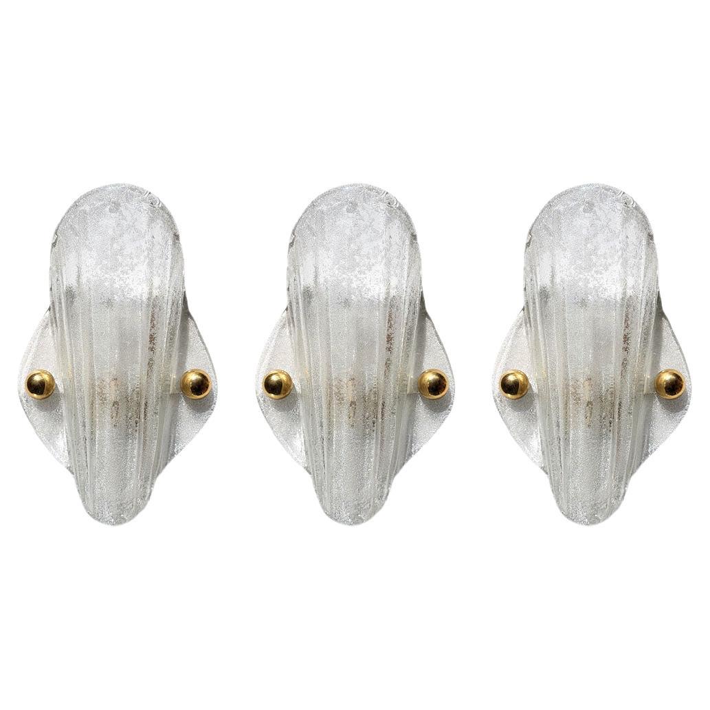 Set of 3 Large Austrian Vintage Textured Organic Ice Glass Wall Lights Sconces