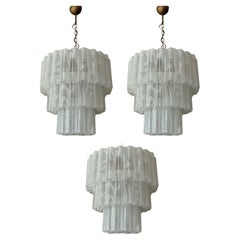 Set of 3 Large Bold Eclectic White Murano Chandeliers Tronchi
