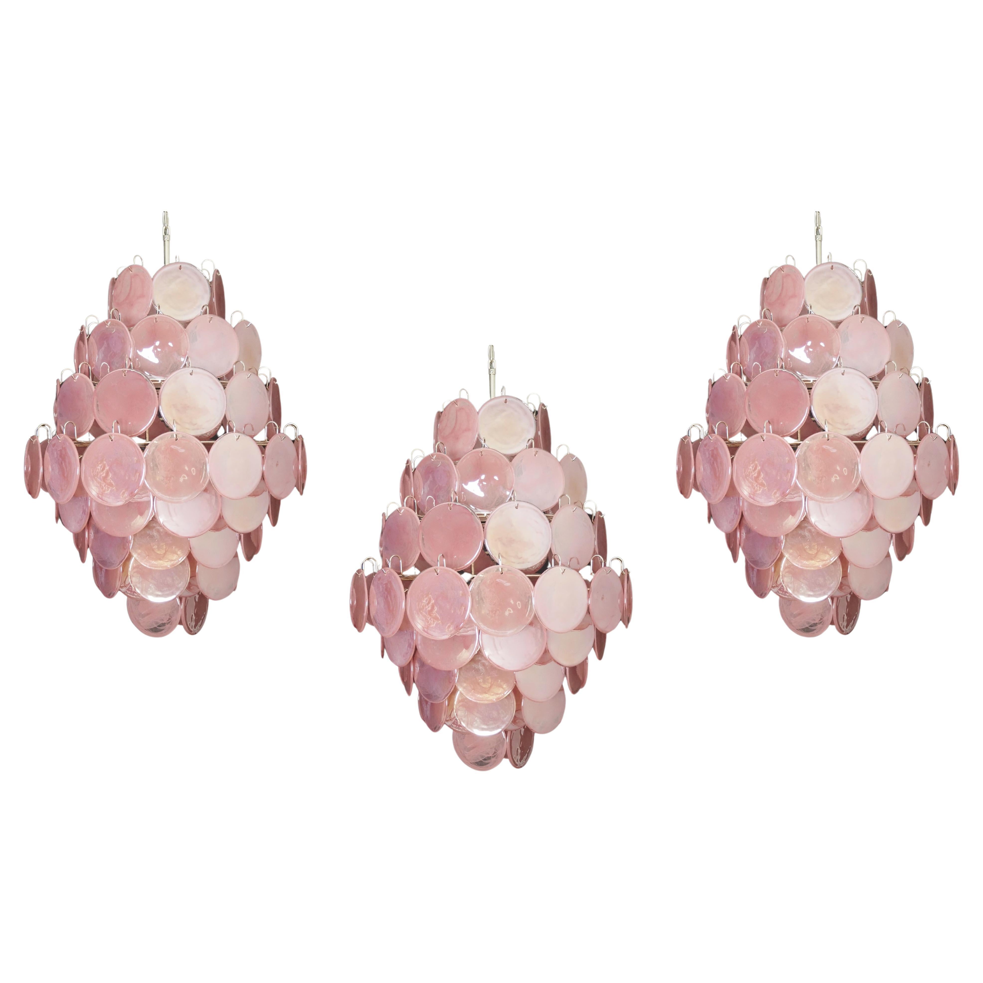 Ensemble de 3 grands lustres à disques rose vif de Murano dans le style de Vistosi, années 1990.