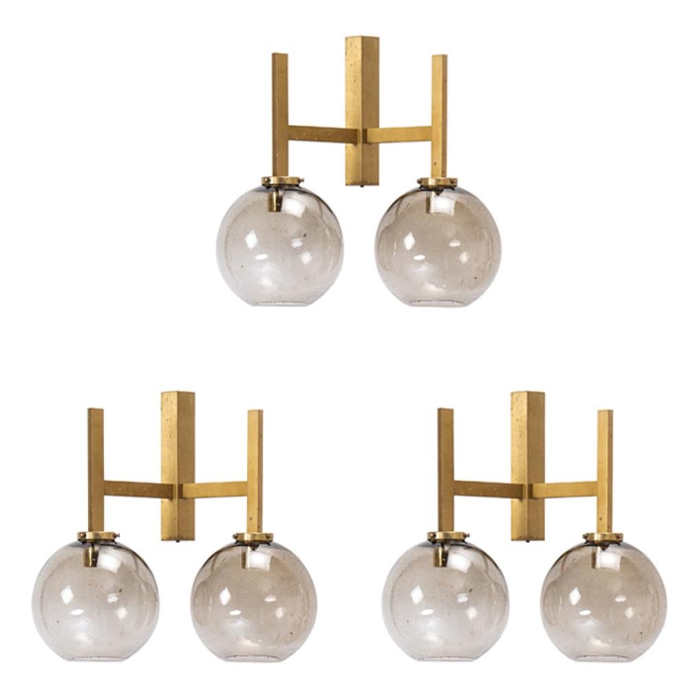 Set of 3 Large Brass Wall Lamps by Holger Johansson, Sweden, 1960s