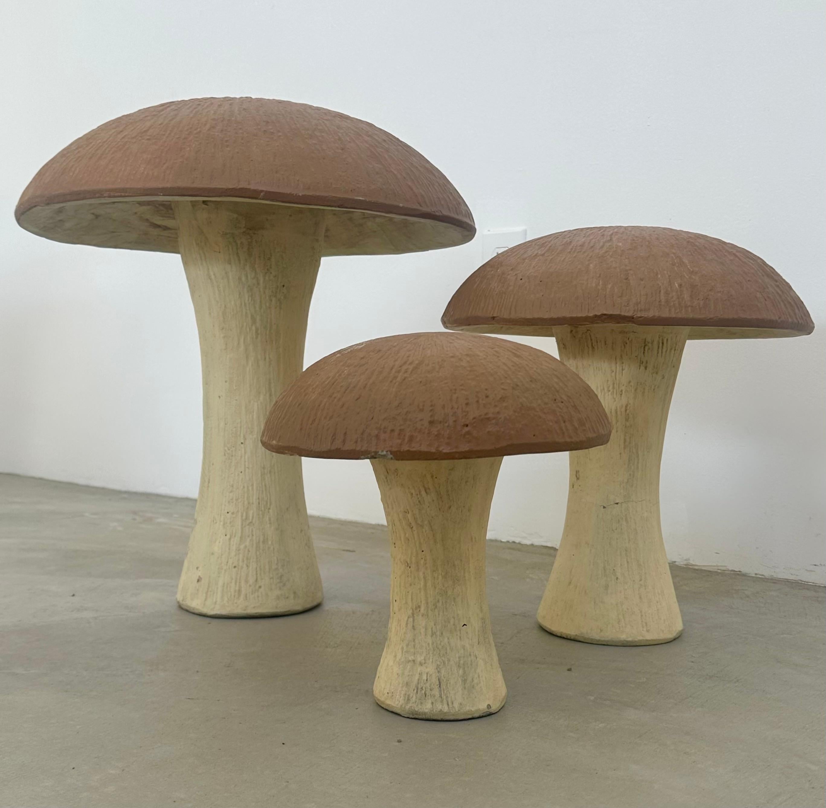 Gartenpilze aus Beton, ca. 2000er Jahre. Hervorragend geeignet für die Verwendung als einzigartiges Gartenelement. Farbe / Beize hat eine tolle Färbung. Braune CAPs und beigefarbene Stiele mit feiner Textur. Diese robusten und gut verarbeiteten