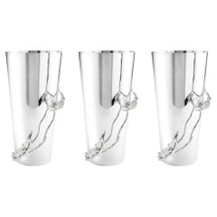 Set of 3 Large Contemporary Silver Metal Orchid Vase