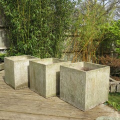 Set of 3 large cubed concrete garden planters 1970s