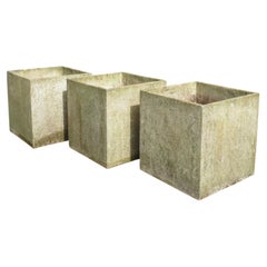 Set of 3 large cubed concrete garden planters 1970s