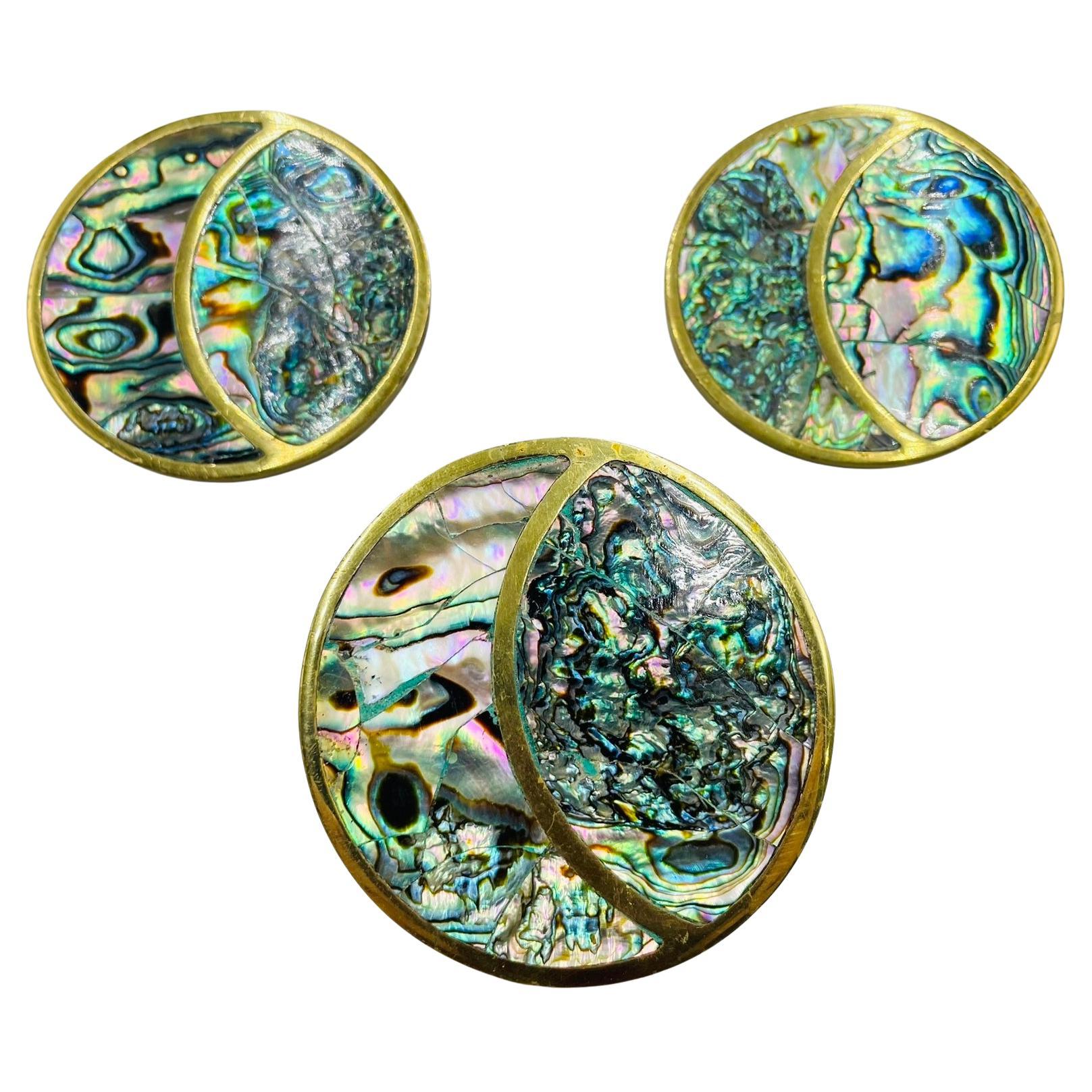 Ensemble de 3 grandes poignées de porte en laiton et coquillage d'ormeau par Peñoles, Mexique, années 1950 en vente