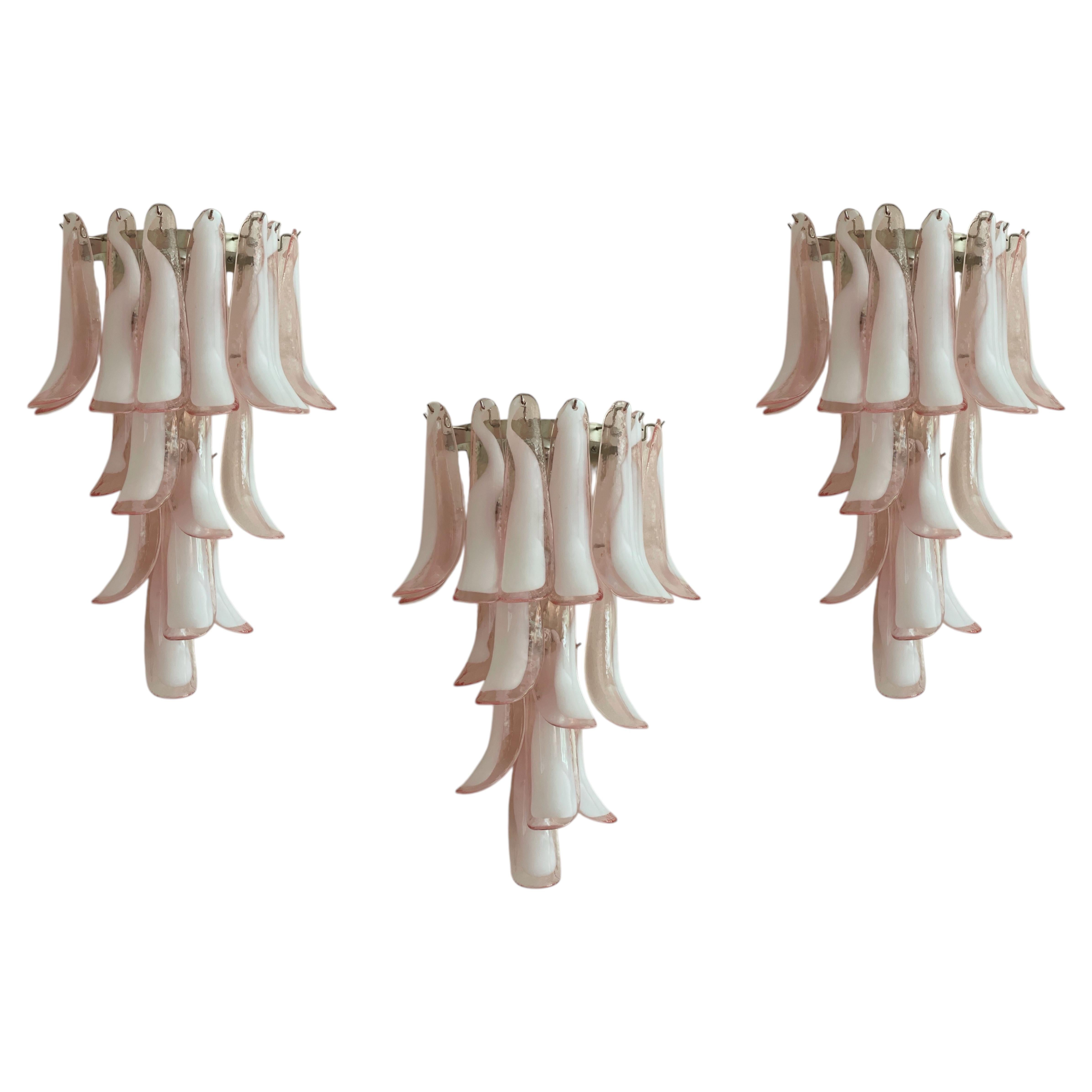 Set of 3 Large Eclectic Murano Wall Sconces in pink & clear glass. Flamingo For Sale