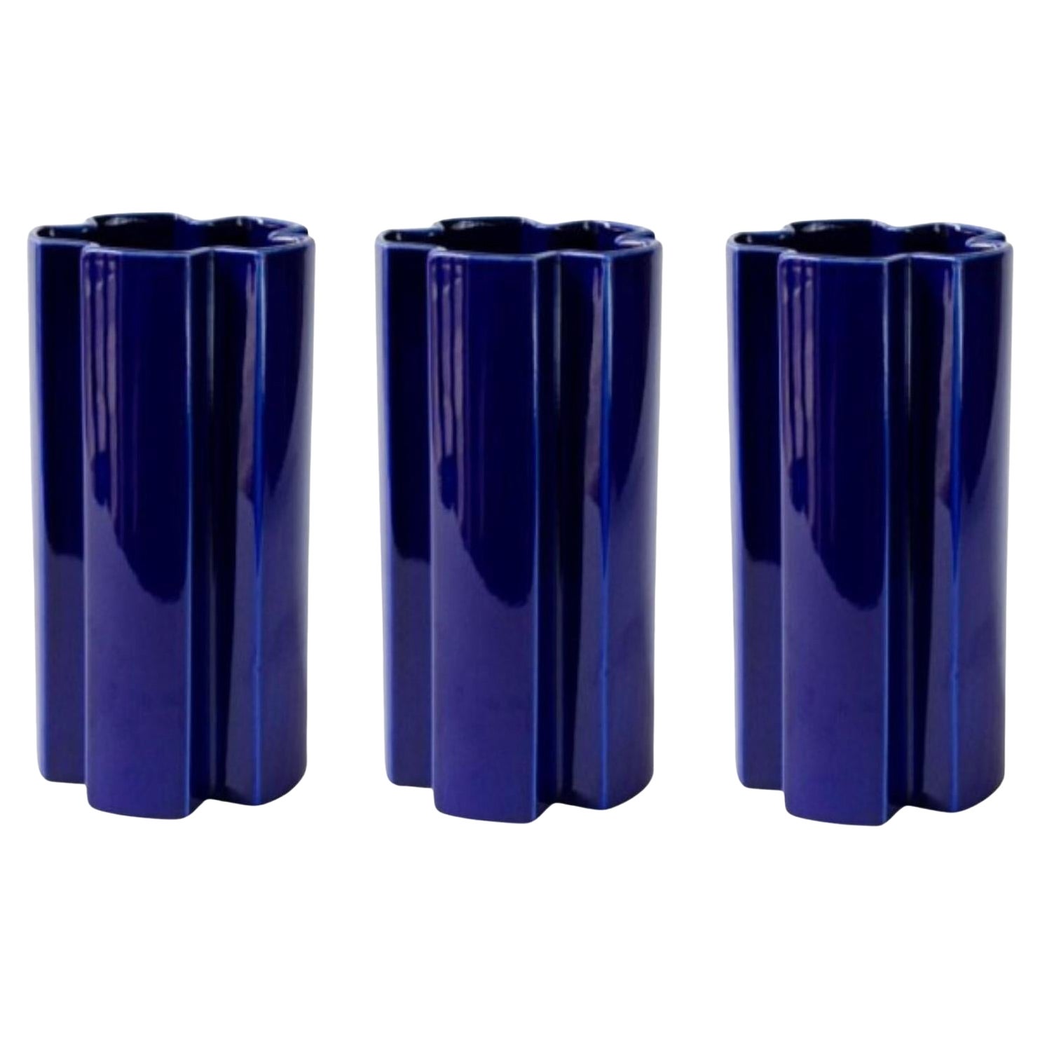 Set of 3 Large Geometric Ceramic KYO Star Vases in Blue by Mazo Design