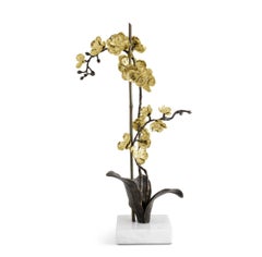 Set of 3 Large Gold Orchid Sculptures in Brass with Marble Base