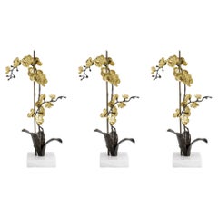 Set of 3 Large Gold Orchid Sculptures in Brass with Marble Base