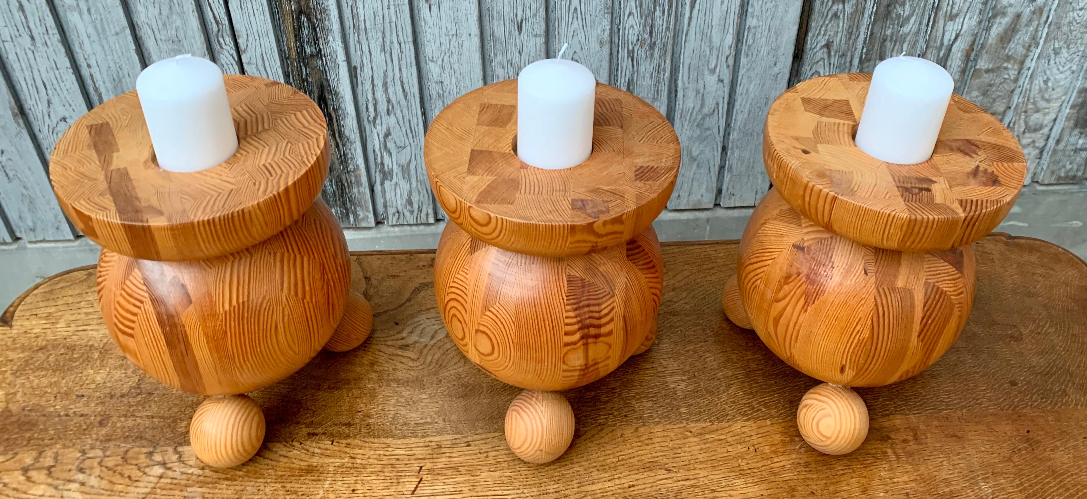Set of 3 Large Heavy Duty Pinewood Candlesticks, Sweden, 1970s For Sale 1