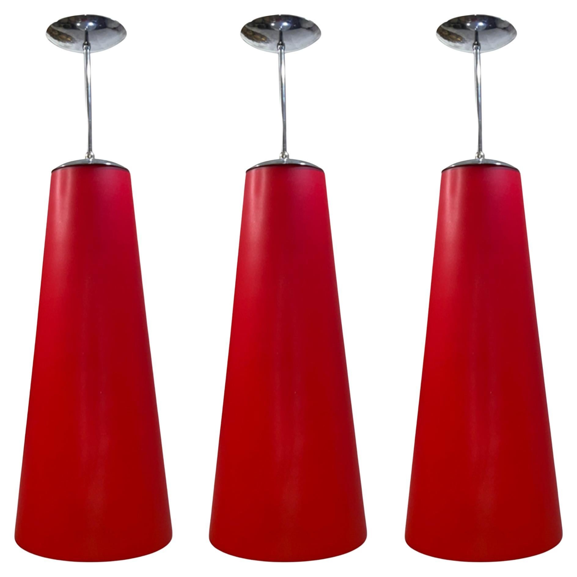 Set of 3 Large Italian Red Glass Pendant Lights For Sale