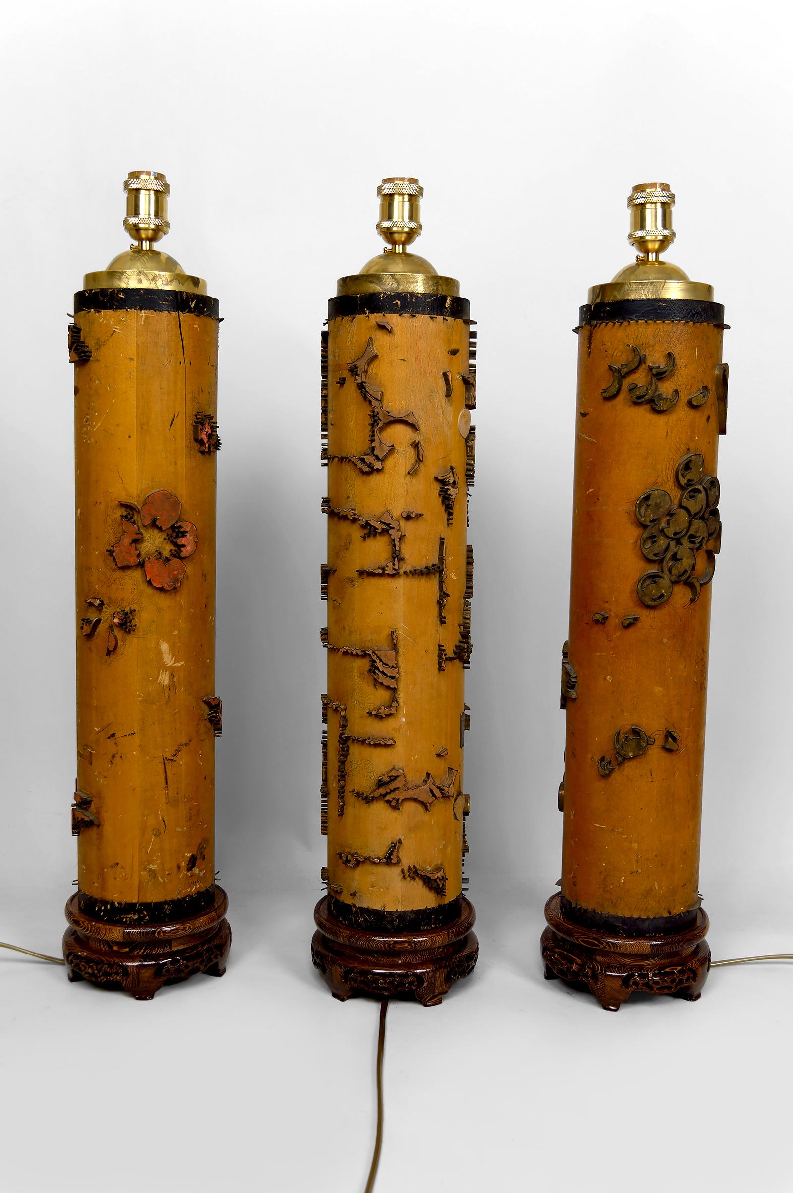 Set of 3 Large Lamps – Antique Ink Rollers Art Nouveau Industrial – Circa 1900

A sublime and rare trio of characterful lamps, made from antique ink rollers for wallpaper or fabric, dating from the Art Nouveau era.

These exceptional objects,