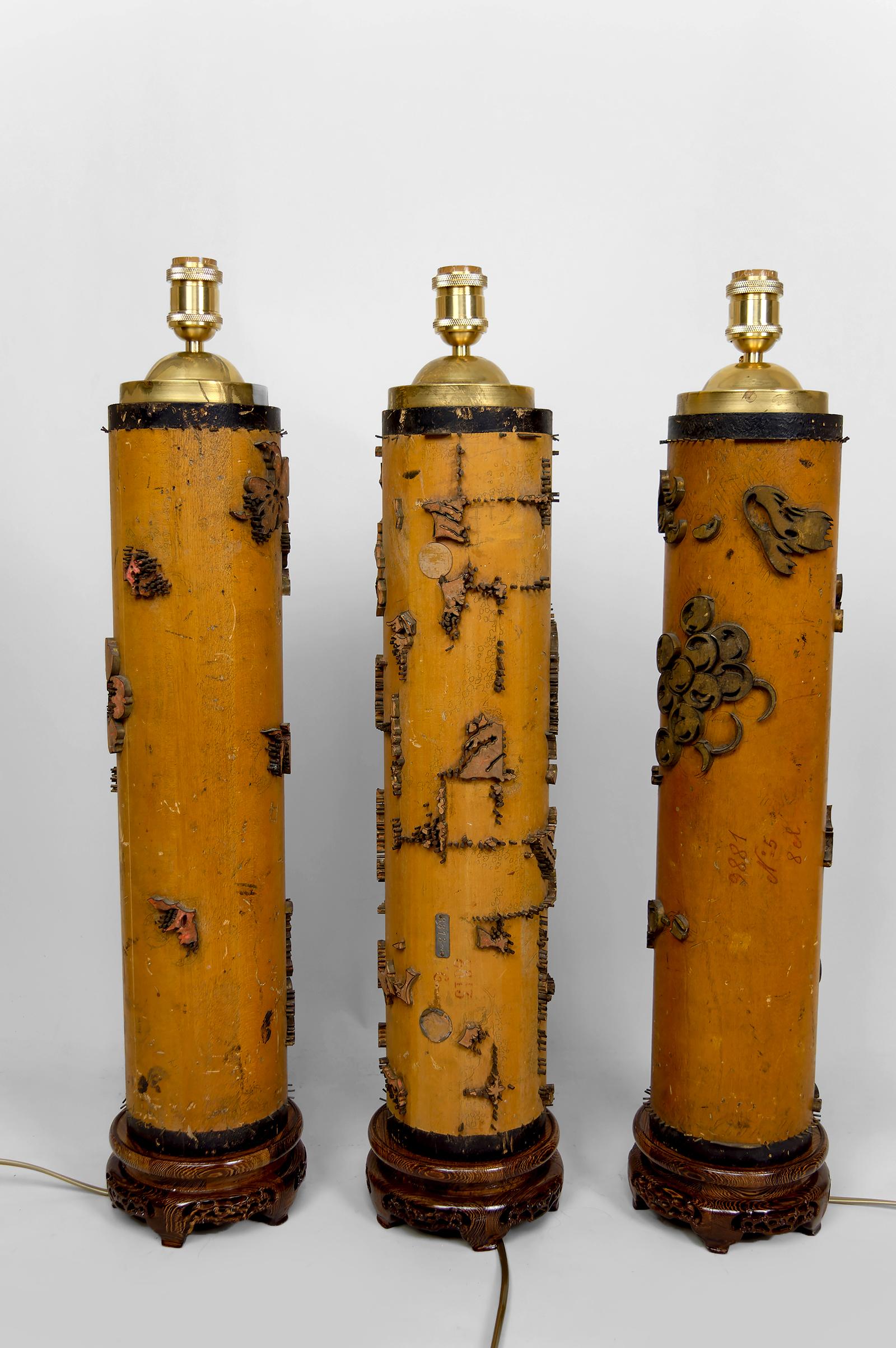 French Set of 3 Large Lamps, Antique Ink Rollers Art Nouveau Industrial, Circa 1900 For Sale