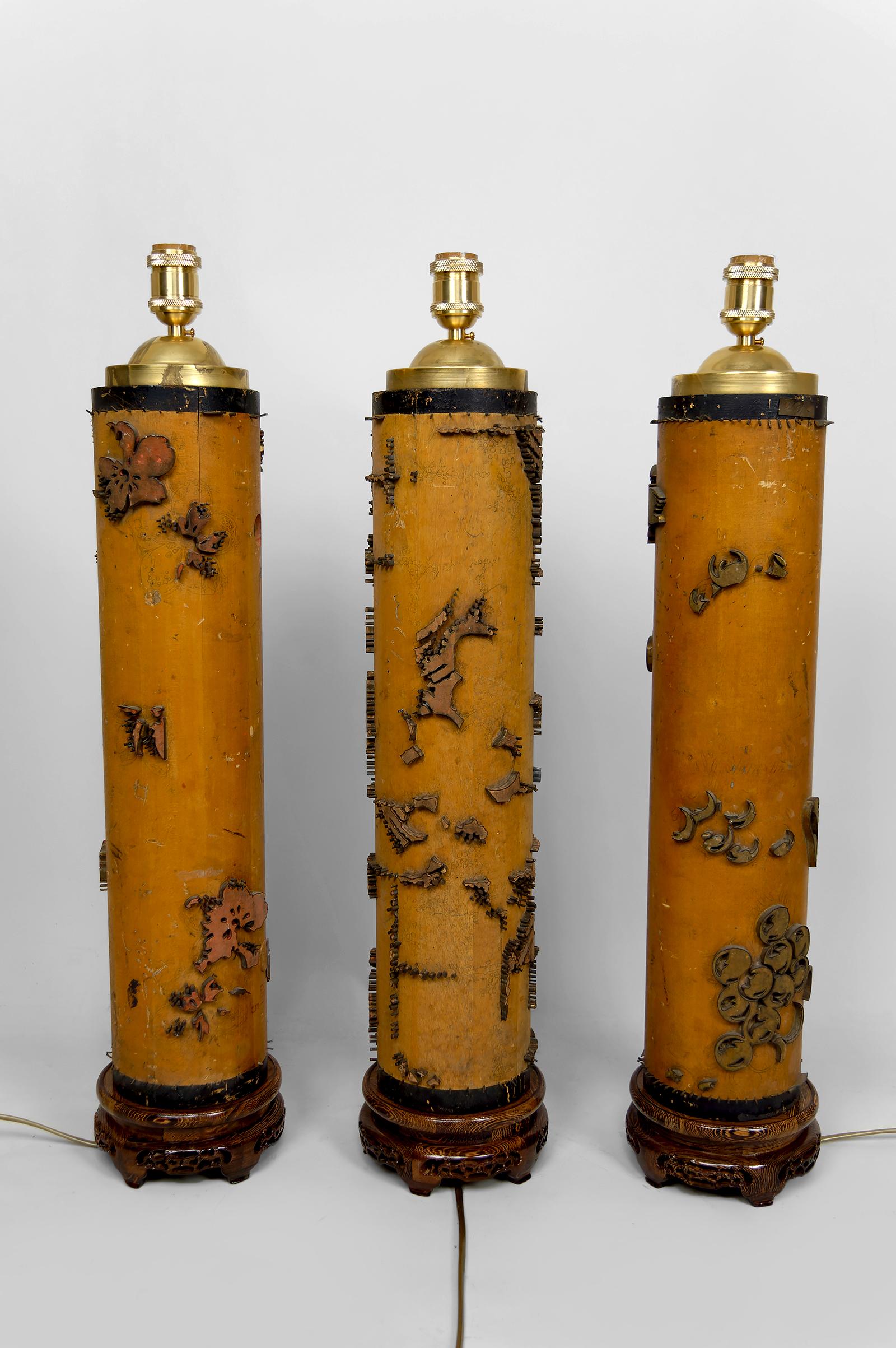Carved Set of 3 Large Lamps, Antique Ink Rollers Art Nouveau Industrial, Circa 1900 For Sale