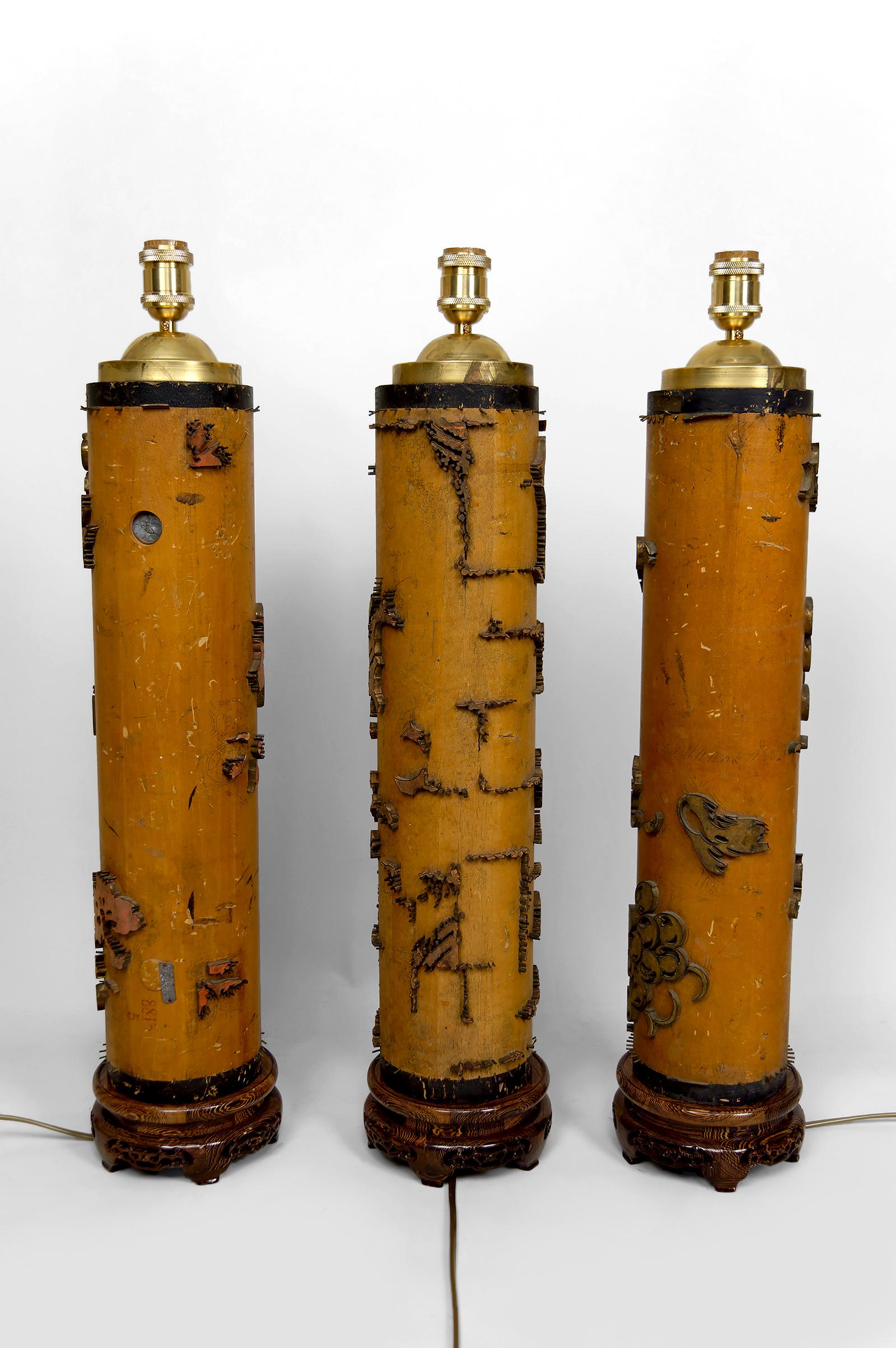 Set of 3 Large Lamps, Antique Ink Rollers Art Nouveau Industrial, Circa 1900 In Good Condition For Sale In VÉZELAY, FR